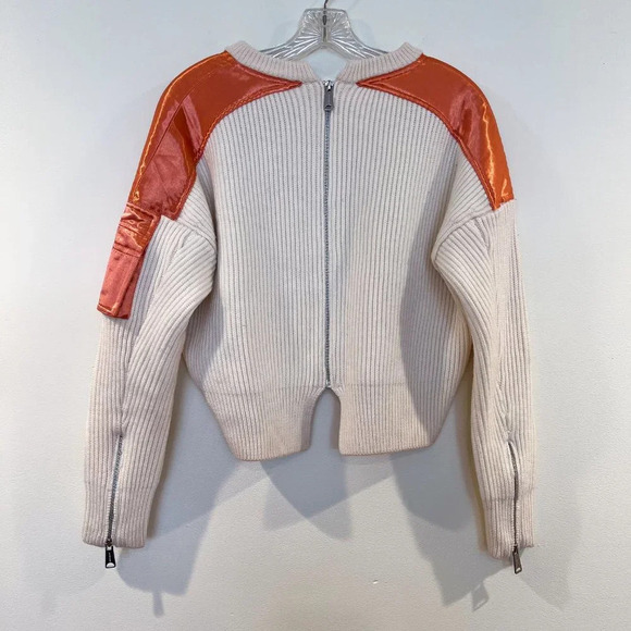 Maje x Schott Wool Blend Cream Satin Designer Cropped Pullover Cropped Sweater 1 - Picture 7 of 8